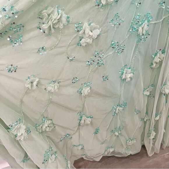 NWT Mac Duggal 70275 Aqua Mint Sequined Floral Ruffle Cutout Tulle Maxi Dress 2 - Picture 6 of 11